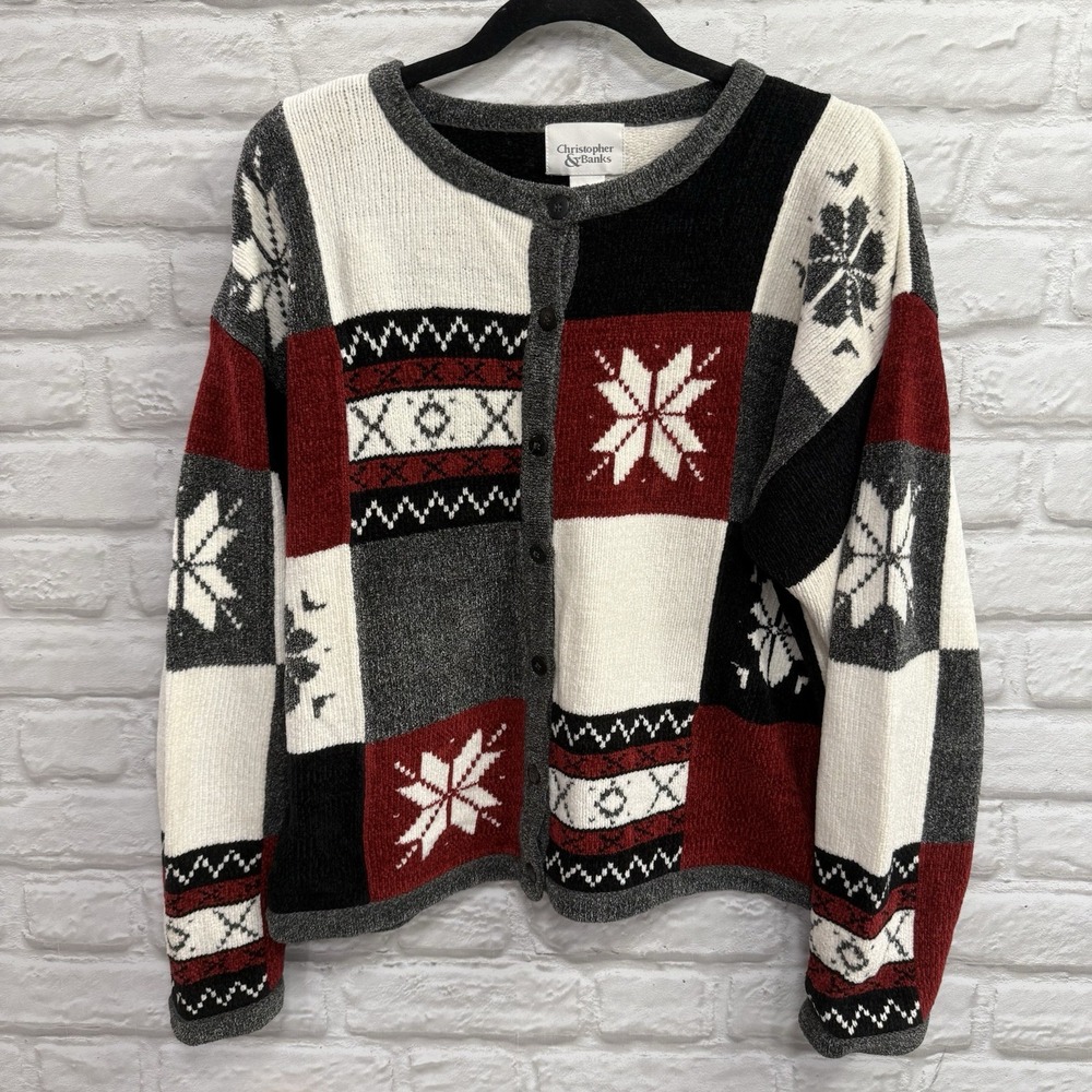 Vtg Christopher & Banks Christmas Hand Knitted Embroidered Sweater Snowflakes L